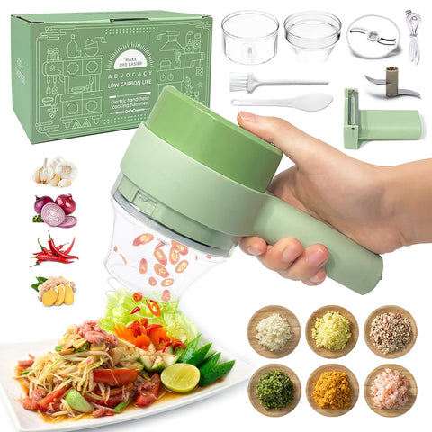 4 in 1 Handheld Electric Vegetable Cutter Set, Portable Mini Wireless Food Processor with Brush, Gatling Vegetable Cutter Electric Garlic Chopper for Garlic Pepper Chili Onion Celery Ginger Meat