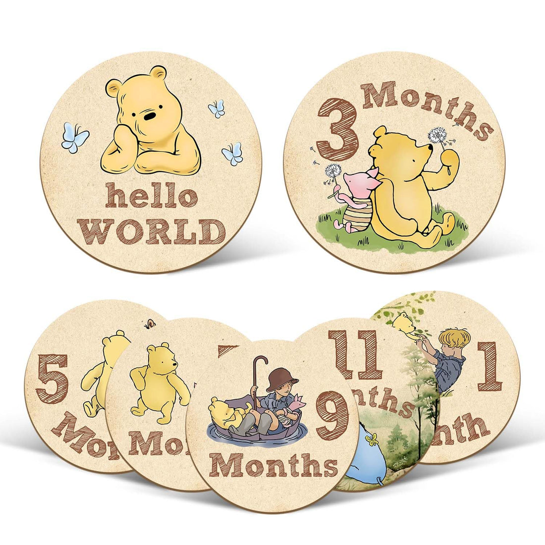 7 Pcs Winnie Baby Monthly Milestone Markers, Double Sided Baby Months Wooden Signs with Storage Bag, Baby Monthly Announcement Wooden Discs, Pregnancy Baby Shower Gifts, Milestone Pictures of Newborn