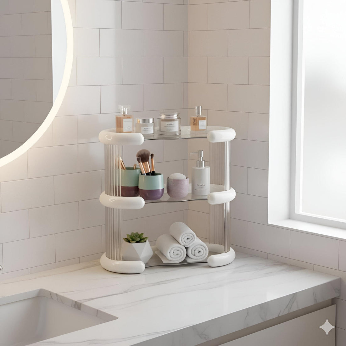 Rectangular acrylic shelf organizer or organizer A makeup rack that organizes all your supplies and you can make it one shelf or two or three shelves Designed specifically for cosmetics and accessori