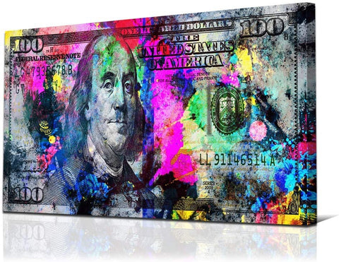 JUSTBR 100 Dollars Bill Wall Art Canvas Print Office Decor Money Inspirational Wall Art Money Pop Art Entrepreneur Motivational 100 Bill Cash Benjamin Franklin Dollar Home Living Room Decor 20"X40"