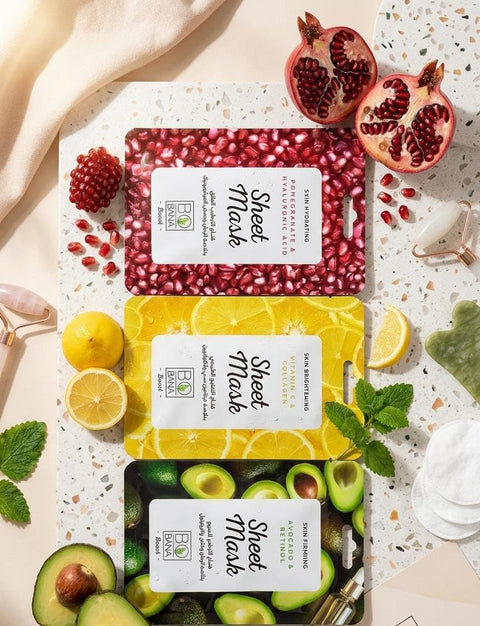 Charcoal & Vitamin E Face Sheet Mask, Pomegranate, Hyaluronic Acid, Collagen, Vitamin C, Avocado, Hydrating, Purifying & Brightening Skin (3 Pack, Vitamin C, Collagen, Avocado & Pomegranate)