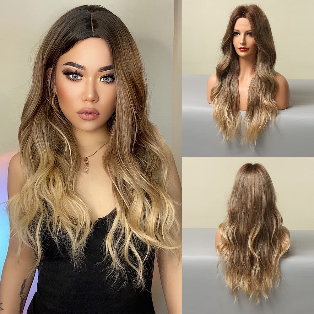 ECIF Ombre Blonde Wigs For Women Long Wavy Synthetic Wig Lace Hairline Middle Part Natural Looking Heat Resistant Fiber Wigs For Daily Party Use 24 Inch