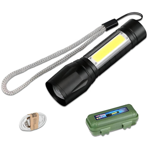 LED Flashlight - Compact, Lightweight and Waterproof, this USB rechargeable flashlight features three versatile modes and a handy hanging rope, perfect for all your outdoor trips.