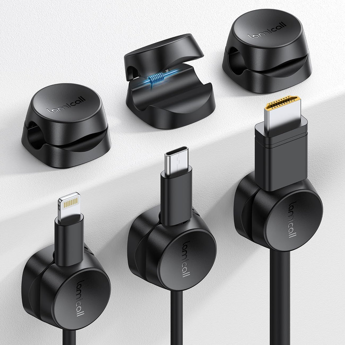 fashion mania 6Pack Spring Cord Holder Clips, [1s Lock] Desk Cord Organizer - Lamicall Cable Management Clips [Cable Smooth Adjustable] Phone Cord Holder (black)