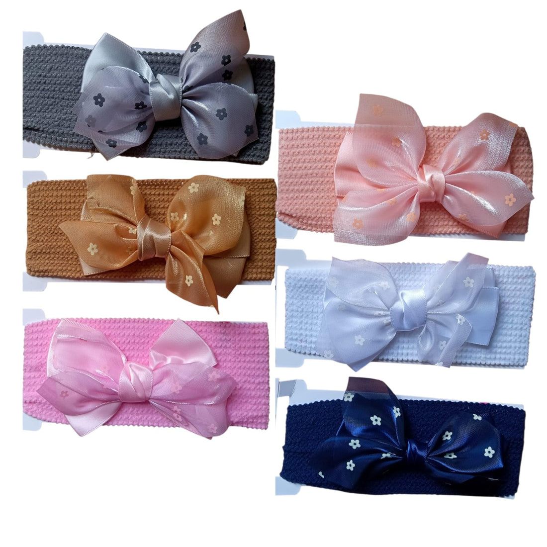 6 Piece Baby Elastic Headband with Satin Bow Floral Pattern, Multicolor
