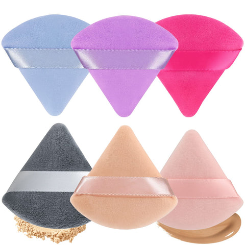 Korintin Powder Puff, Triangle Makeup Puff 6 Pcs, Washable Velvet Soft Sponge with Strap 2.75 inch, Foundation Perfect For Pressed Powder, Dry & Wet Tool (6 mix)