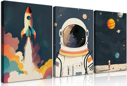 3Pcs Astronaut Wall art Nursery Space Adventure Posters Prints Rocketship Wall Decor Explore Dream Galaxy Canvas Prints Funny Planet Painting for Boys Girls Kids Bedroom Living Framed