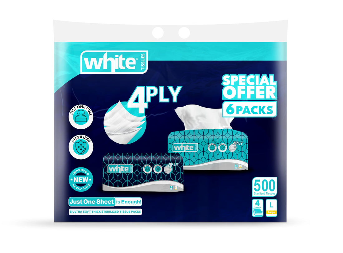 White Flexi Ultra Soft Facial Tissues — 500 Tissues; 4Ply Large, Pack of 6 | Stock-Up Bundle for Daily Needs