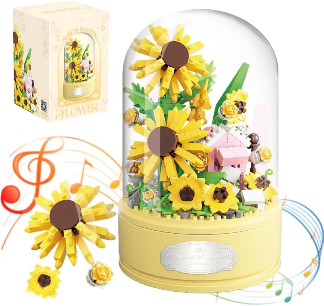 TOYS LAND Sunflower Bouquet Building Kit, 577 Pcs Mini Bricks Building Blocks Plant Series with Rotating Music Box & Dust Cover, DIY Home Decor Artificial Flower Toys, Girls Boys Adults (Sunflower)