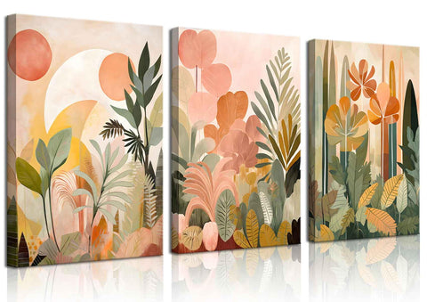 3Pcs Tropical Jungle Canvas Wall Art Abstract Colorful Boho Botanical Wall Decor Pictures Modern Neutral Plant Posters Prints for Living Room Bedroom,12x16in