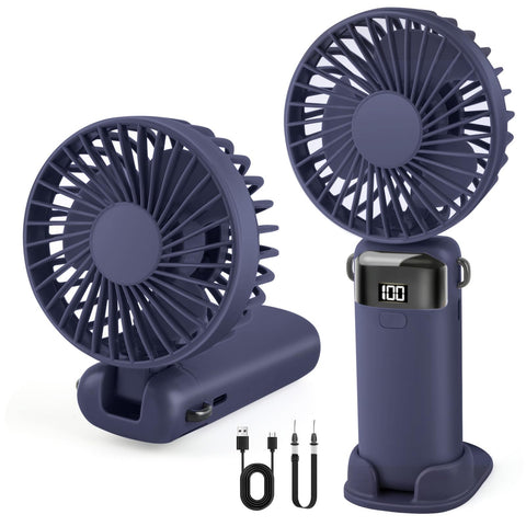 Portable Handheld Fan Rechargeable Small Fan 5 Speeds with Lanyard and Base USB Desk Fan Foldable Quiet Personal Fan with LED Display for Office, Home, Travel, Outdoor