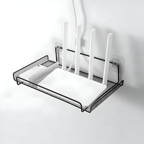 Wall Mounted Router Shelf - No Drill Installation with Adhesive Hooks, Metal Mesh Storage Organiser, Black, 30x17 cm, Ideal for Home or Office Network Equipment