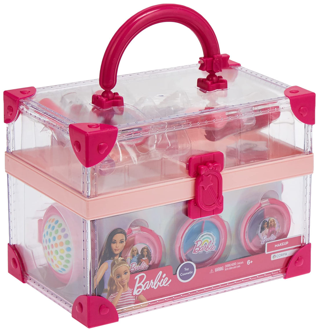 Barbie Kids Cosmetic Box with Makeup Includes Lip Gloss, Eyeshadow, Nail Polish, Lipstick, Glitter Gel, Mirror Comb, Sponge & Nail Tools in 2-Layer Plastic Storage Case