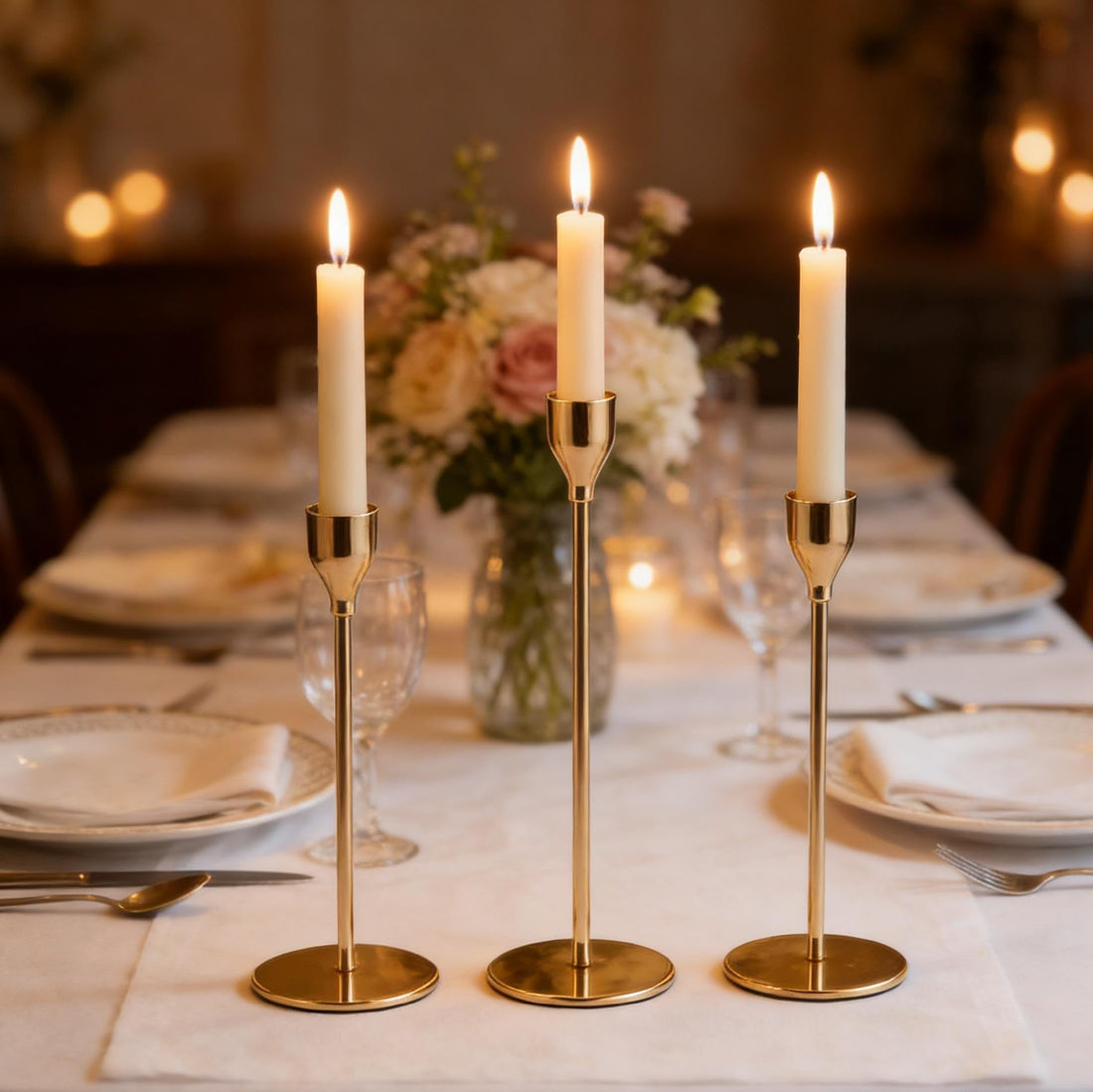 Trio Candlestick - Elegant Diamond Shape Gold Metal Candle Base for Romantic Dinner, Wedding Aisle, Church Pews, Holiday Fireplace, Bedroom Mantel, Birthday Cake Table, Elegant and Attractive