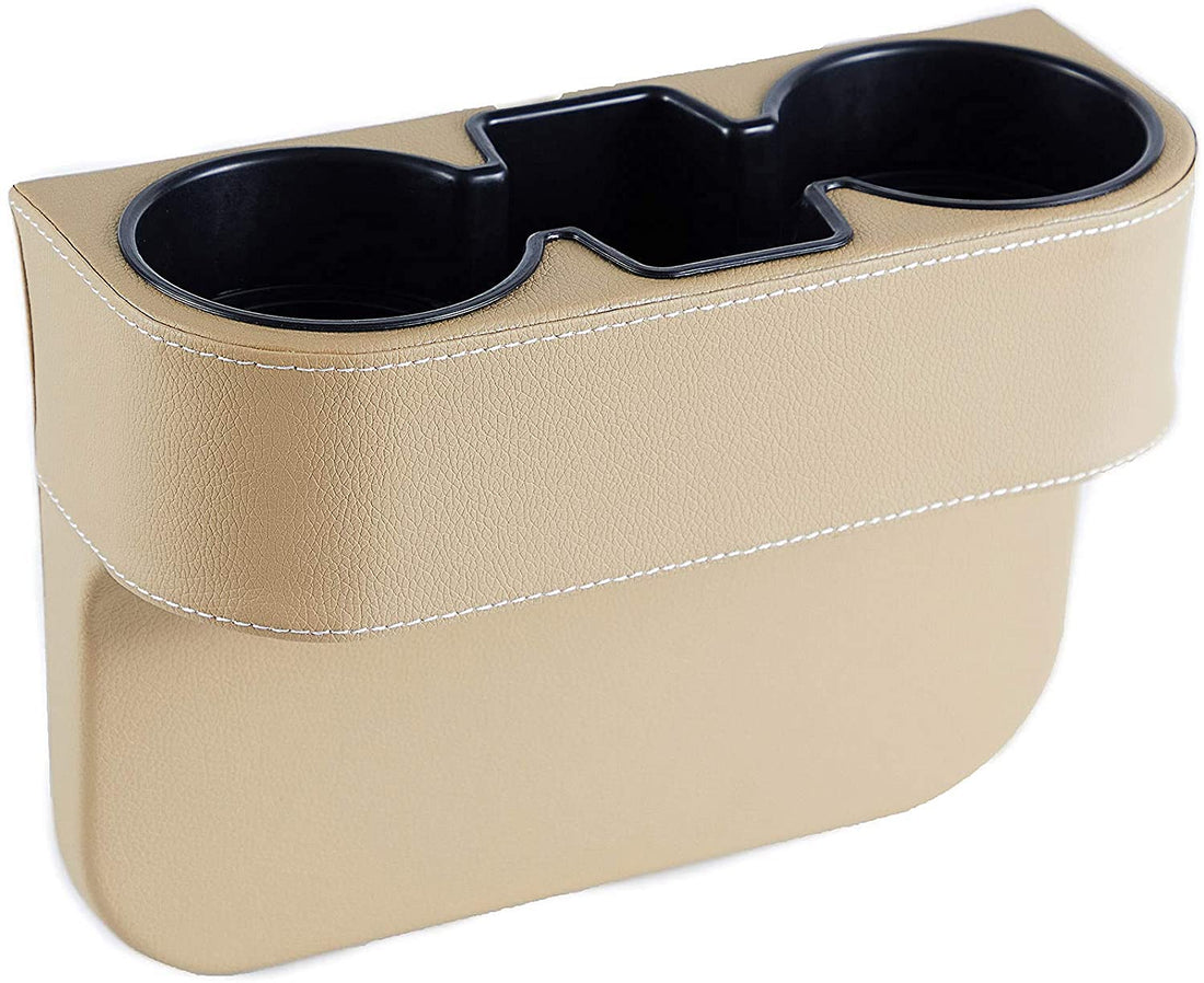 KASTWAVE Car Cup Holder Expander with PU Leather Cover, Multifunction Car Seat Pocket Glove Phone Mount Organizer, Car Back Seat Storage for Drink Mug Bottle CellPhones Coasters Cards (Beige)