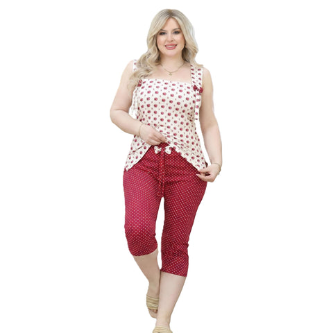 Sondos Homeware Women's Pajama Bermuda "Nutella Model" - Super Soft Pure Lycra Cotton - Set of 2 Pieces (Wide Strap and Bermuda) - Relaxed Fit from 60 to 90 KG - Code 5053