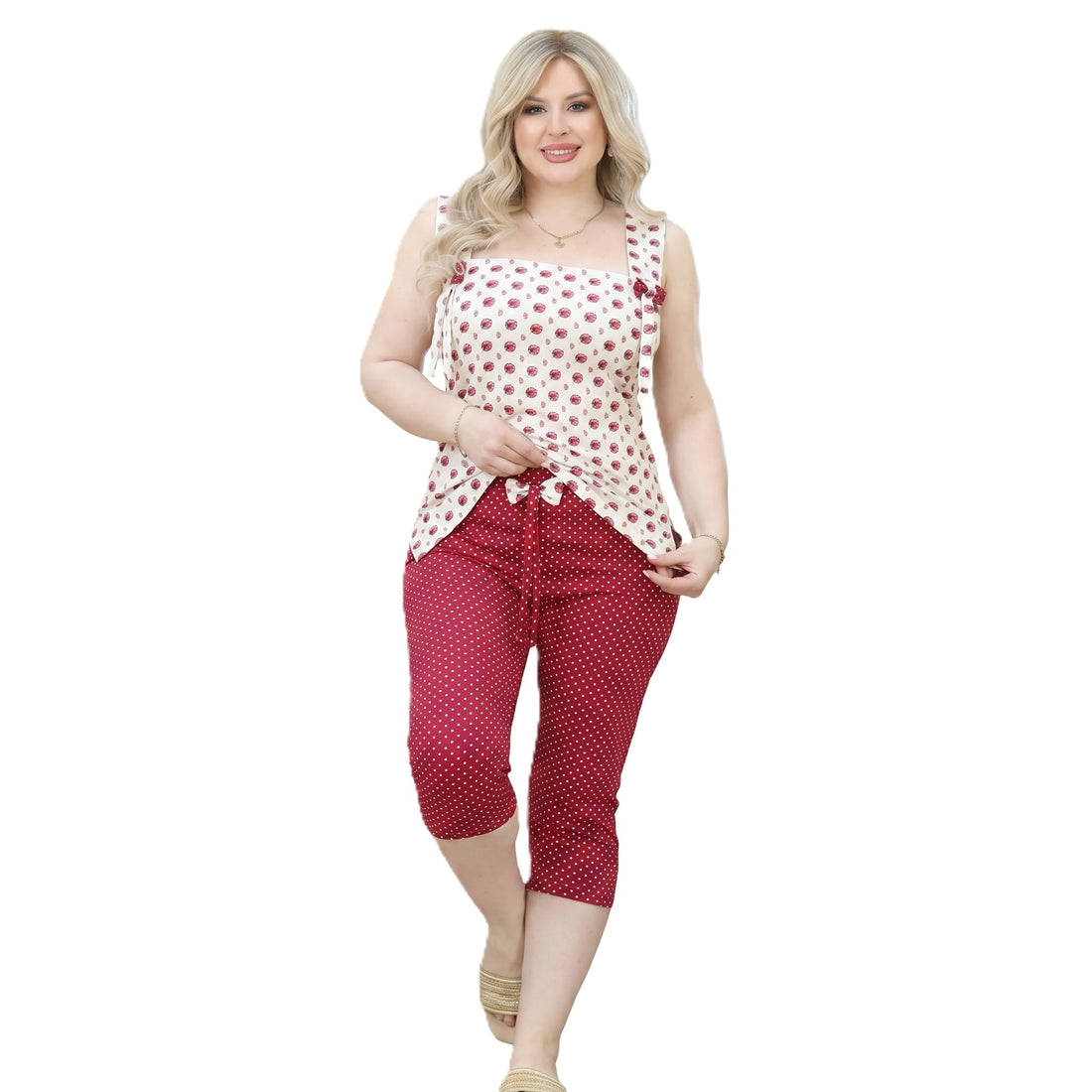 Sondos Homeware Women's Pajama Bermuda "Nutella Model" - Super Soft Pure Lycra Cotton - Set of 2 Pieces (Wide Strap and Bermuda) - Relaxed Fit from 60 to 90 KG - Code 5053