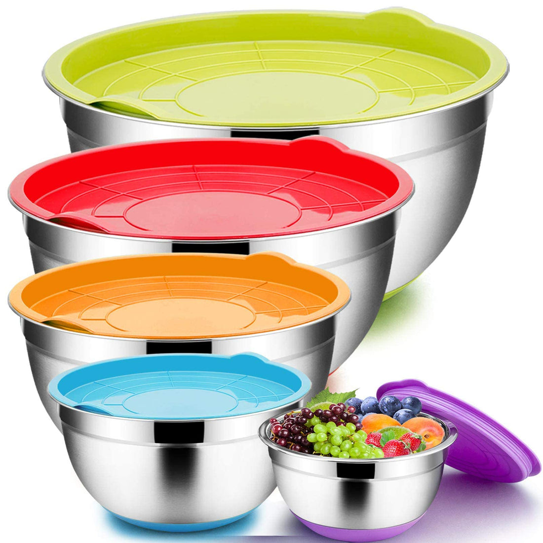 Mixing Bowls with Airtight Lids, 5 pieces Stainless Steel Metal Nesting Bowls Set, Salad Bowl with Polished Mirror Finish Colorful Non-Slip Silicone Bottoms for Kitchen Baking Mixing Serving Prepping