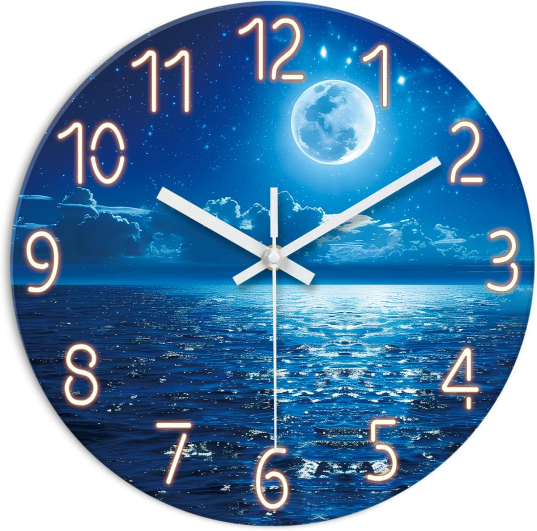 XFM Analog Blue Moon Wall Clock Silent Non-Ticking - Decorative Wall Clock Battery Operated 12 Inch - Glass Cloud Wall Clock for Bedroom