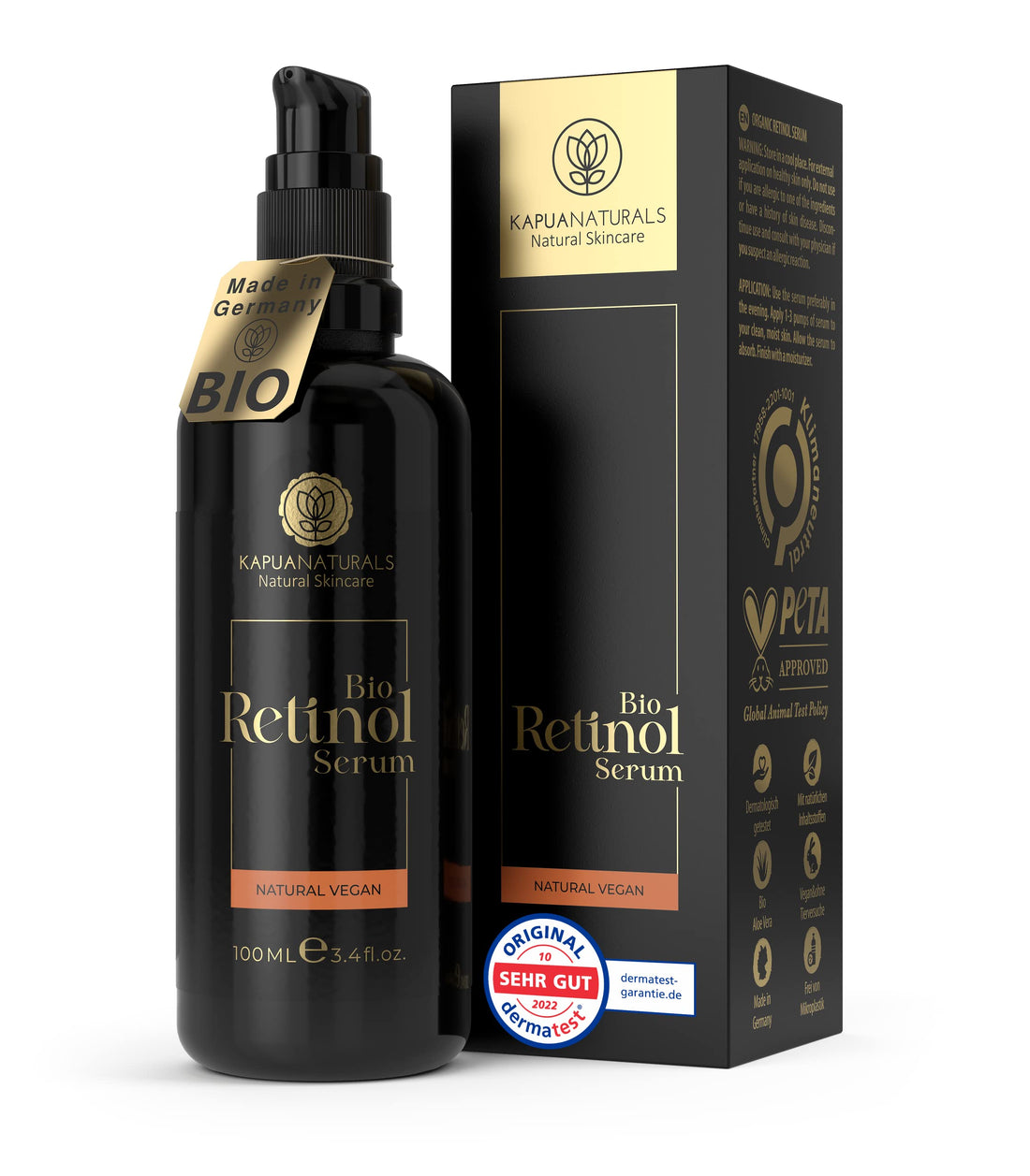 ORGANIC Retinol Serum for Face • 100 ml • 100% Natural • MADE IN GERMANY • Premium Retinol in a unique Formulation • +Hyaluronic Acid +Vitamin C • Retinol Serum for pure and luminous skin