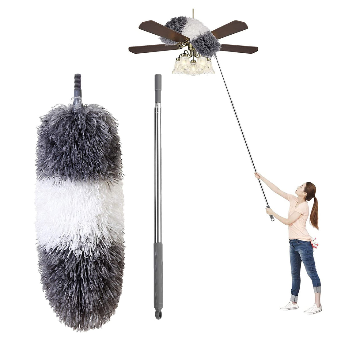 ZERIFAM Microfiber Duster with 280cm Stainless Steel Extension Pole, Reusable Bendable Head, Extendable Duster for High Ceiling Fan, Furniture, Blinds, Car, Cobweb, Gap Dust