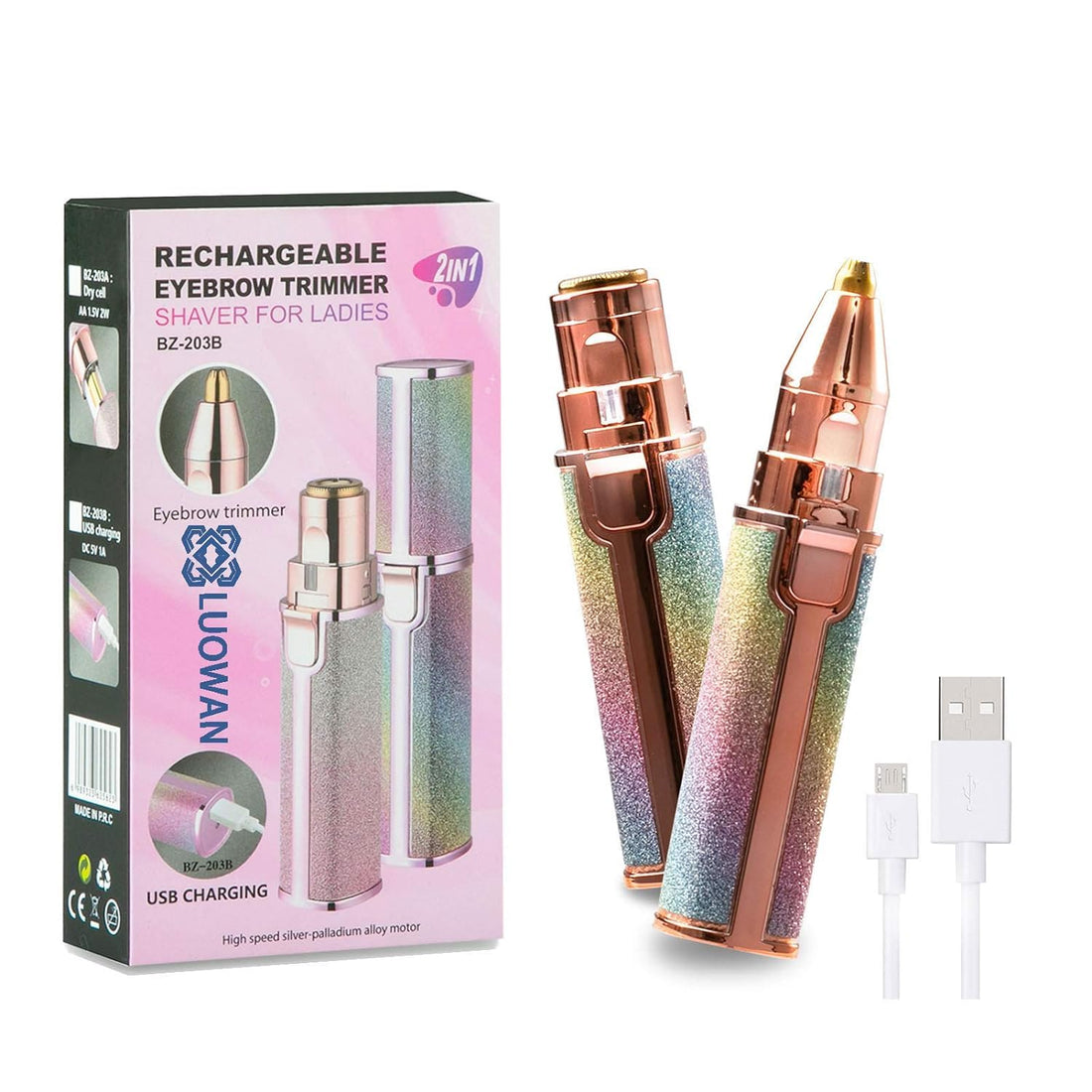 Rechargeable Eyebrow Trimmer & Facial Hair Remover for Women, 2 in 1 USB Charging Eyebrow Razor with Built-in LED Light， Eyebrow & Painless Hair Remover. Eyebrow, Nose, Body, Facial Hair Removal Lips