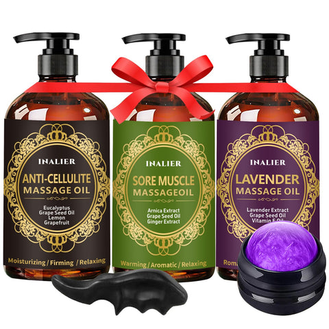 Massage Oils for Massage Therapy,Massage Kit Gifts for Women Men with Arnica, Lavender,Spa Gifts,3 Pack Cellulite,Sore Muscle & Lavender Massage Oils with Massage Ball