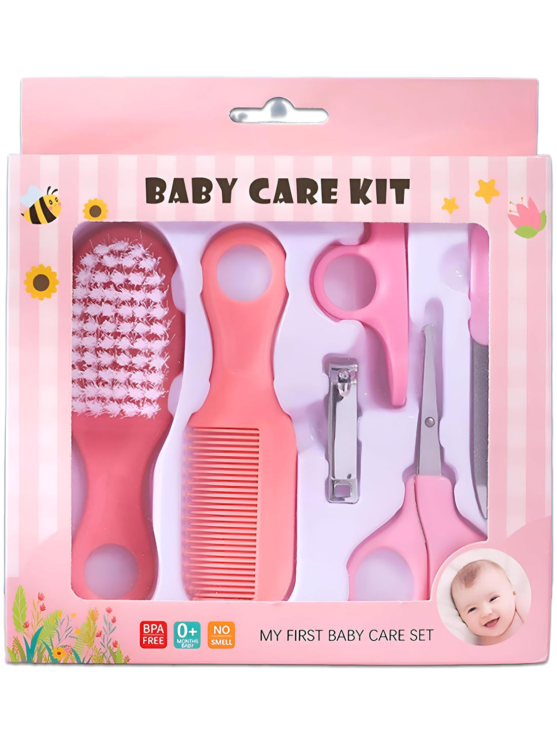 Baby Hair and Nail Care Essential Set of 6, Baby Grooming Kit with Scissors, Hair Brush and Comb, Perfect for Newborn Baby and Toddler Care (Pink)