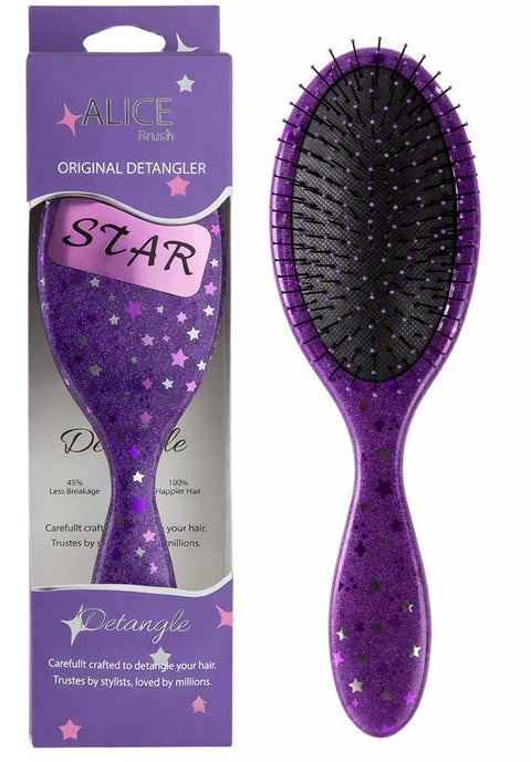 Alice - Detangling Hair Brush, Scalp Massaging Brush, Hair Stayling, Professional Anti-Tangle, Brush With Soft Bristles, Flexible Smooth Glide, Tangle Control, For Wet & Dry Hair (Purple Star)