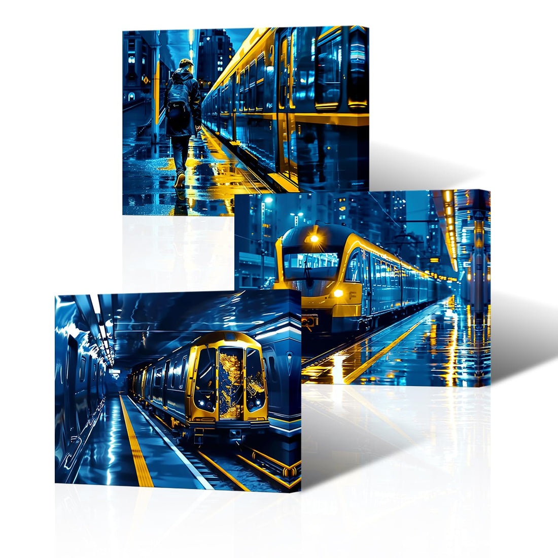 AoArtWZ 3 Pieces Subway Canvas Wall Art Abstract City Skyline Train Metro Painting Artwork Prints for Living Room Bedroom Framed 12" x 16" x 3Pcs