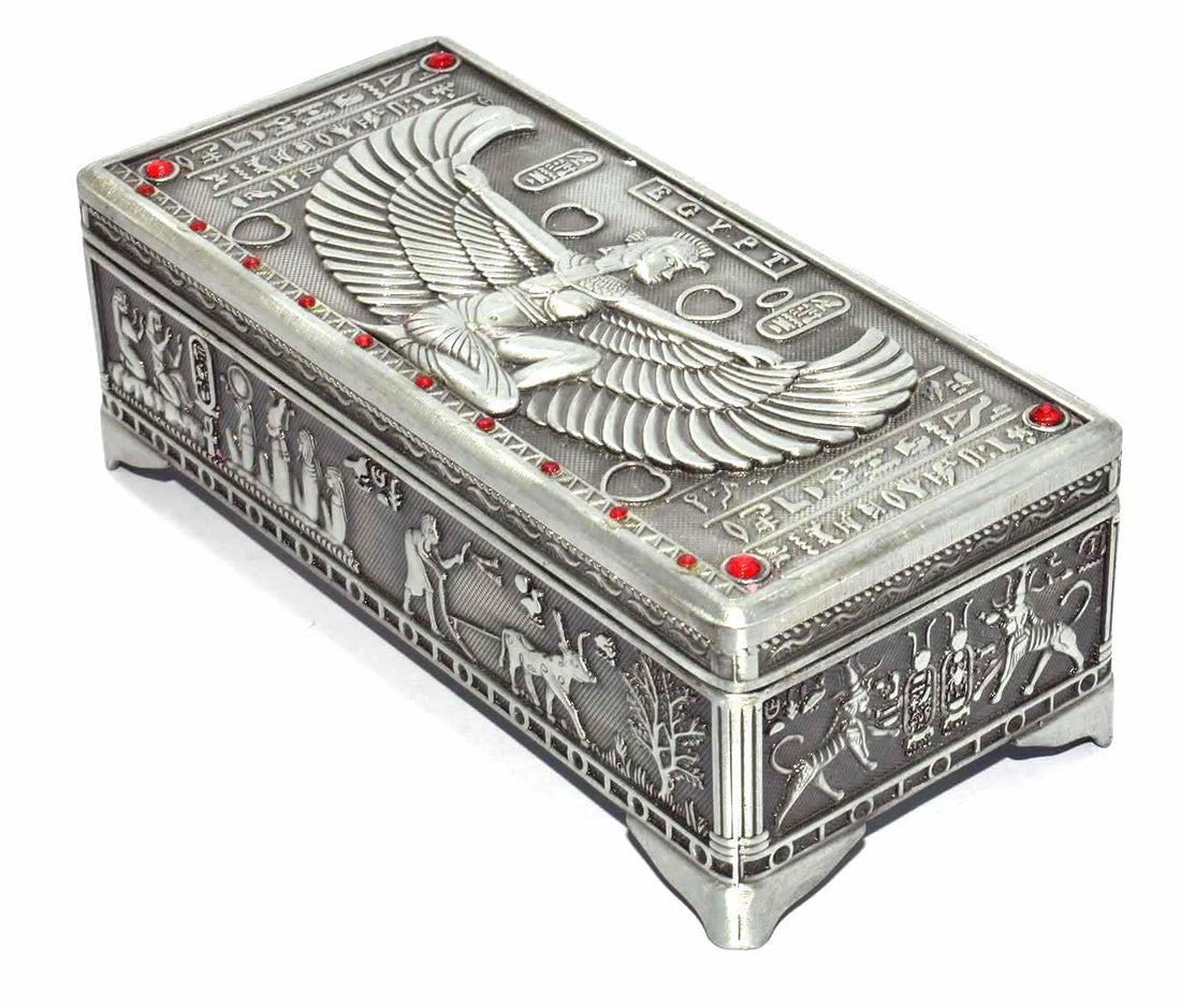 Immatgar Luxury Egyptian Jewelry Storage Box with Pharaonic Pattern - premium Souvenir gifts for Women and Girls - Home Decor Piece (iisis - Gray - 12.5 CM Long)