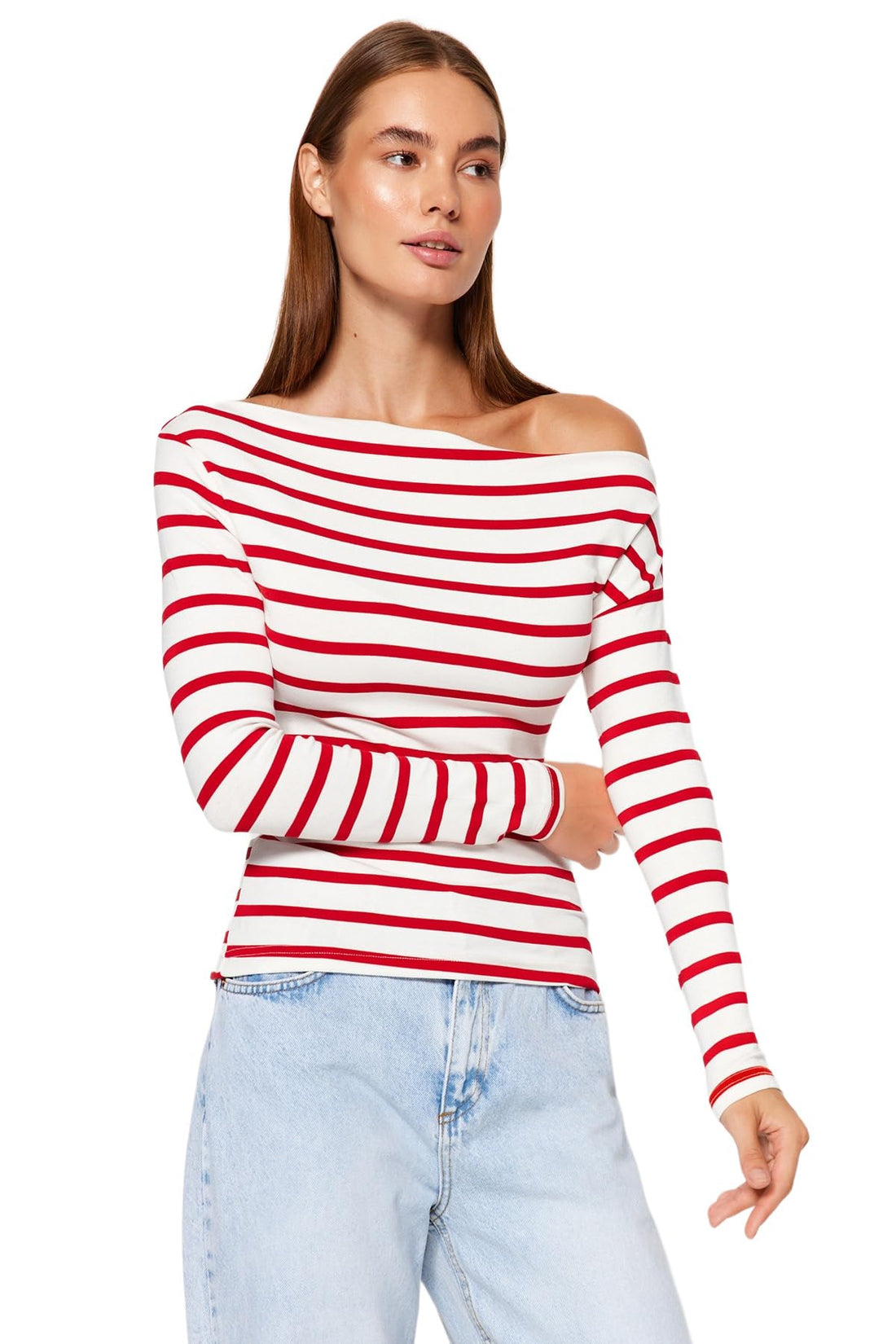 Trendyol Womens Rot Striped Premium Soft Fabric Fitted Boat Neck Knitted Blouse Twoaw24bz00227 Blouse (pack of 1)