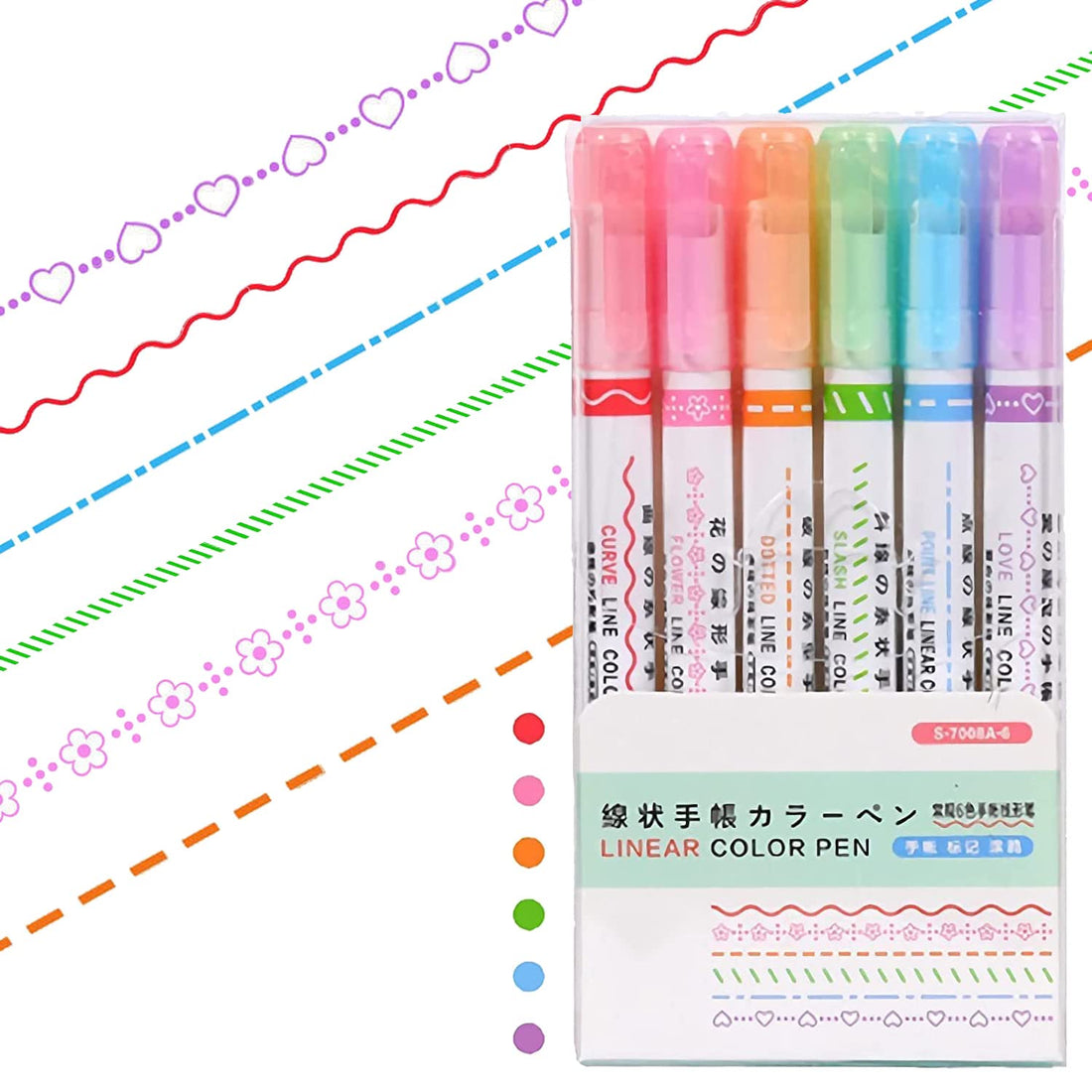 Smilevol Dual Tip Pens With 6 Different Curve Shapes, Curve Highlighter Pen Set - Dual Tip Pens W/ 6 Different Curve Shapes, Smilevol Linear Color Pens, for Writing, Drawing (6PCS)