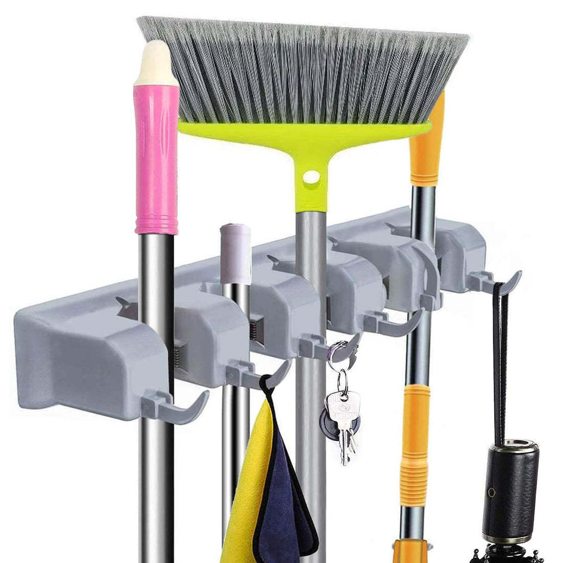 Mop and Broom Holder Wall Mount - - Heavy Duty Broom Holder Wall Mounted or Tool Organizer For Home Garden Garage And Storage (5 Positions with 6 Hooks) (Grey)