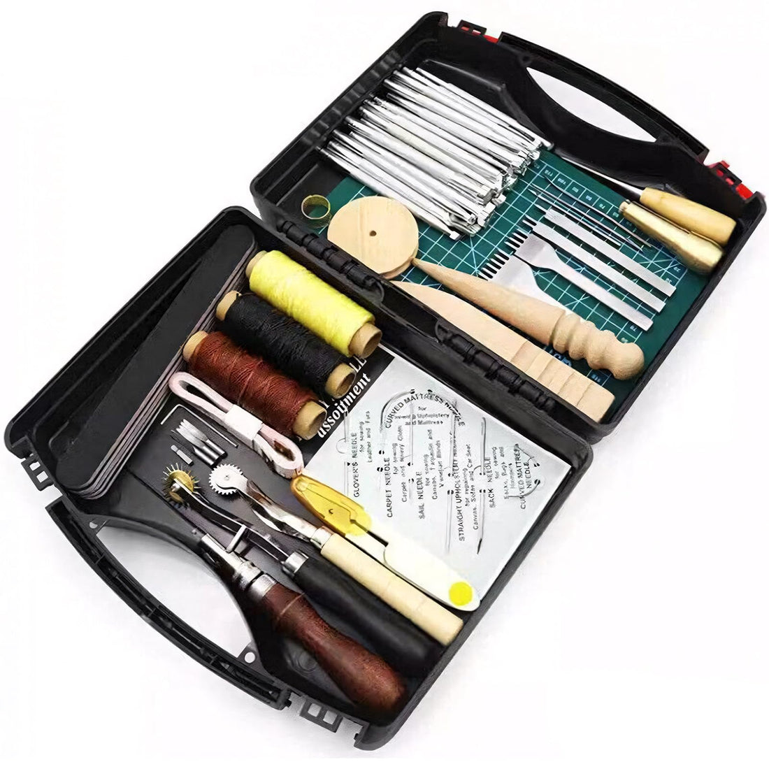 MJLOMJ 59 Piece Professional Leather Craft Tool Set - DIY Hand Sewing, Punching and Carving Tools, Saddle Groove Machine, Accessories and Tool Box for Leathercraft and Crafts