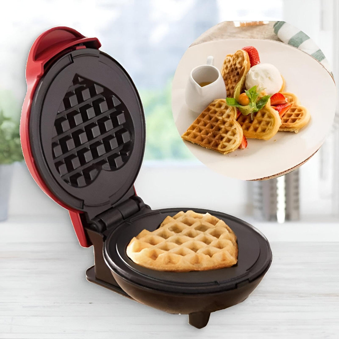 Waffle Maker - Enjoy waffle making at home quickly and easily with this 350W non-stick mini waffle iron, perfect for family breakfast parties and special occasions like birthdays, holidays heart shape