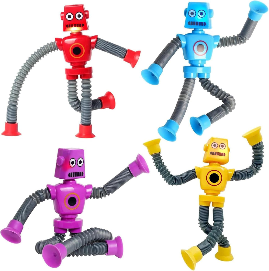 KIDSONE Pop Tubes LED Robot 4-10 Pcs Light Up, Telescopic Suction Cup Robot Fidget Toy, Coolest Sensory Toys for Toddlers, Autism Toys Stocking Stuffers Travel (Set of 4)
