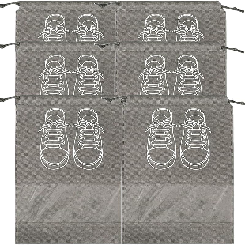 Circle M 6-Piece Large Waterproof Shoe Storage Bags: Dustproof Drawstring with Transparent Window – Grey