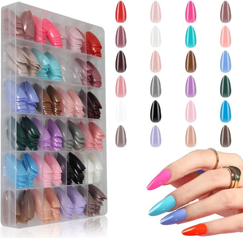 24 Color Press On Nails Sets, 576Pcs Glossy Colored Straight Fake, Full Cover Artificial Fingernails with Acrylic Tips, Manicure Design Decor for Women & Girls (Medium Almond Shape)