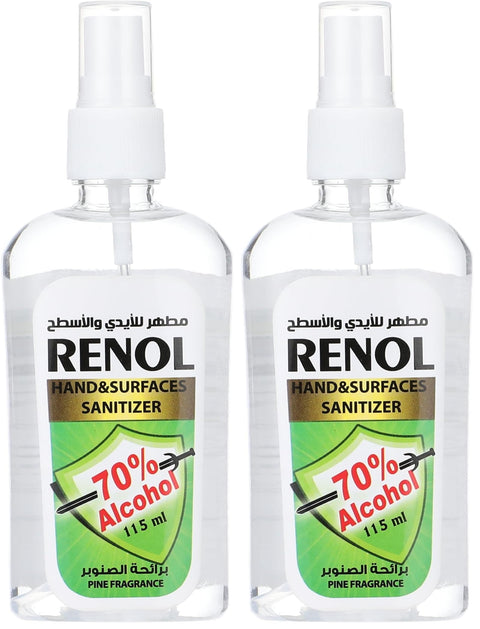 Renol Alcohol Sanitizer for Hands and Surfaces with Pine Fragrance - 115 ml (Pack of 2)