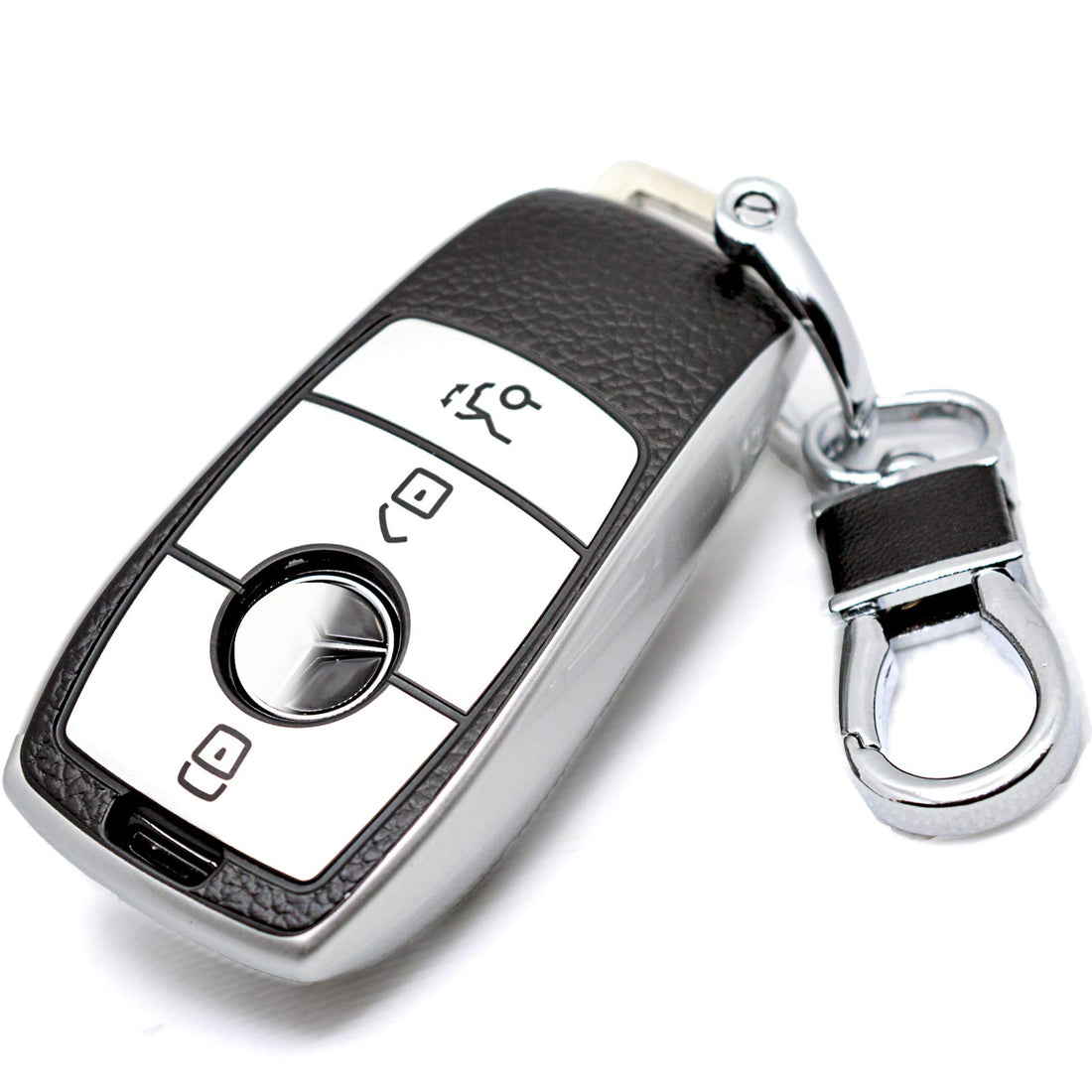 for Mercedes Key Fob Cover with Leather Keychain, Advanced Soft TPU Surface Leather Grain Car Key Case for New Mercedes Benz Smart Key(Silver)