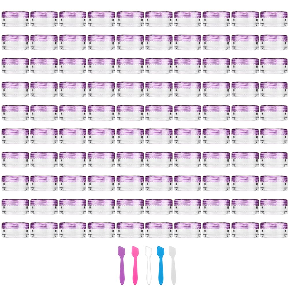 Accmor 100 Pieces 3g Empty Clear Plastic Sample Containers with Purple Lids Cosmetic Jars with 5 Pieces Mini Spatulas