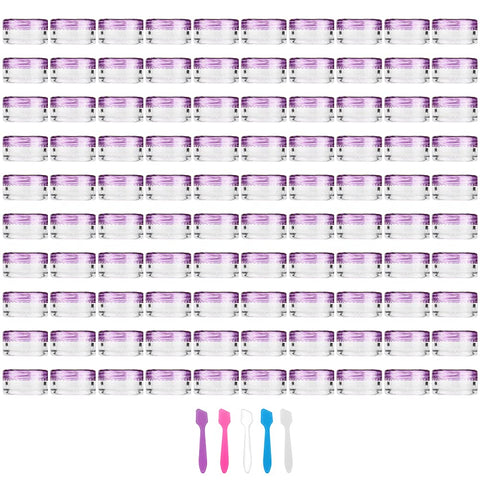 Accmor 100 Pieces 3g Empty Clear Plastic Sample Containers with Purple Lids Cosmetic Jars with 5 Pieces Mini Spatulas