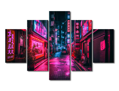 Rebotipy Cyberpunk Canvas Wall Art for Living Room Decor 5 Panel Canvas Artwork Prints Tokyo City by Night Printing for Bedroom Canvas Wall Decor Framed Ready to Hang 60" Wx40" H