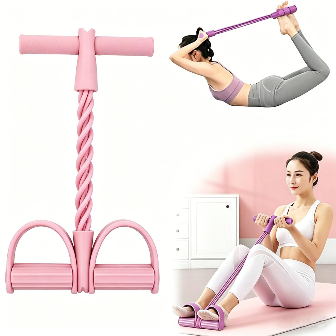 Multi-Function Tension Rope Band & Pedal Puller Resistance Band, 6-Tube Elastic Yoga Pedal Puller Resistance Band, for Abdomen/Waist/Arm/Leg Stretching Slimming Training (Pink)