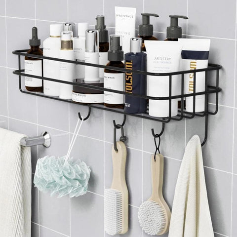 Bathroom Rack Shelf Metal Wall Storage with 4 Hooks, Multipurpose Bathroom Accessories, Towel Brush Holder, Spices Rack, Kitchen Organizer, Shampoo Organizer Rack, 2 Adhesive Hook (One Shelf)