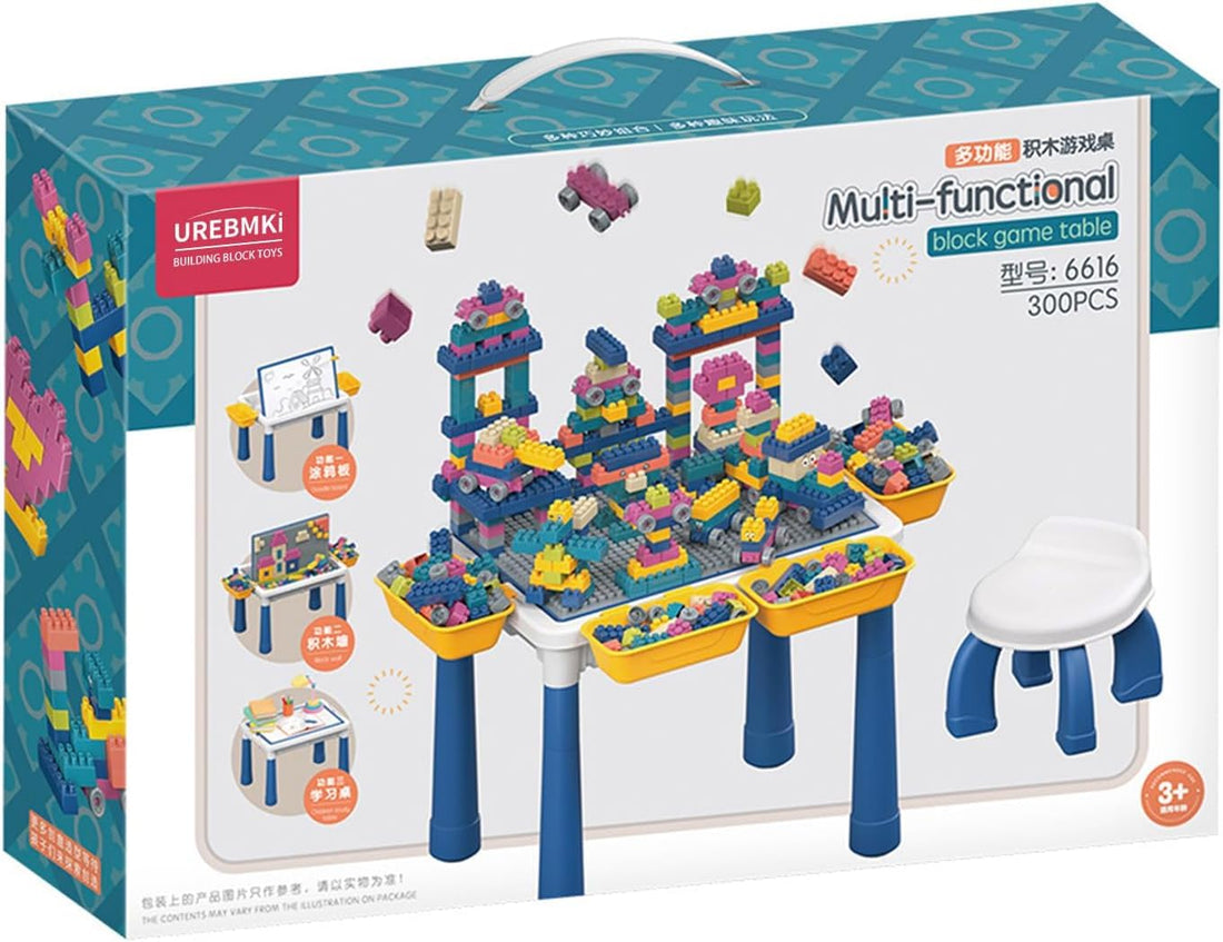 Multi-Functional Building Blocks Set, 4-in-1 Activity Table with Block Wall, Doodle Board, Assembly Method, Includes Colourful Plastic Blocks and Stool