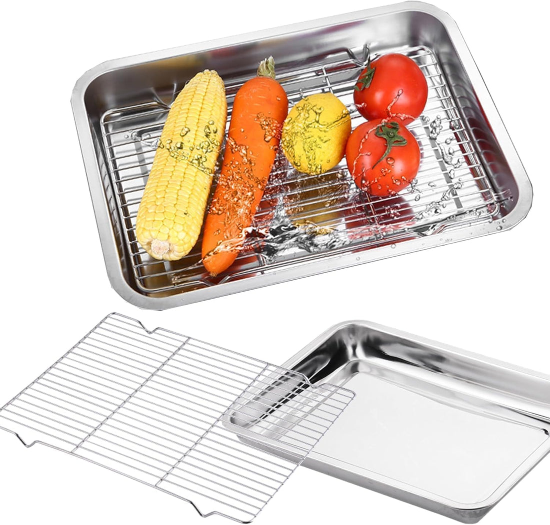 Jumbo Stainless Steel Rectangular Roasting Pan with Grill Rack and Side Handles, Large Oven Baking Tray for Turkey Meat Vegetables Casseroles