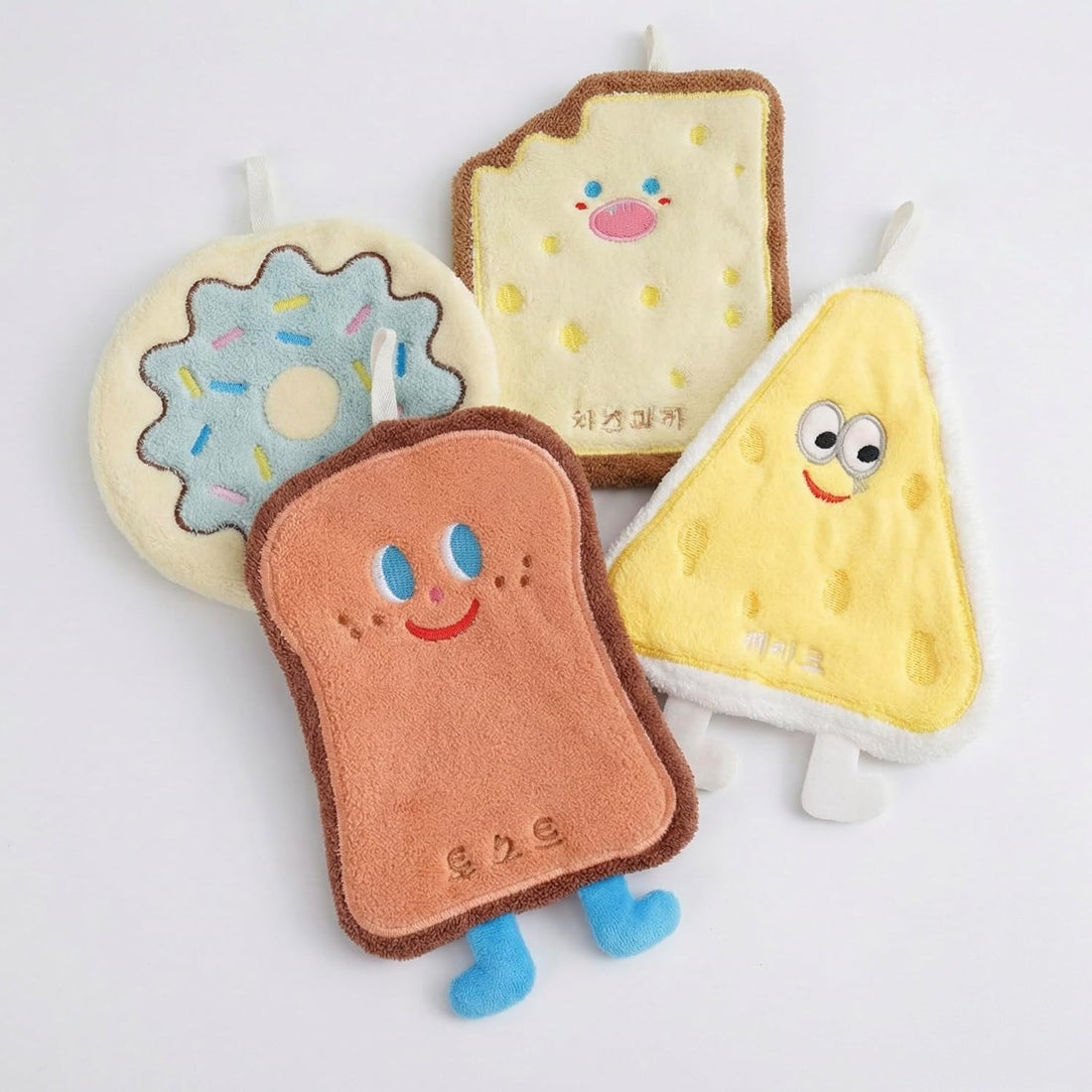 Cartoon Character Baby Hand Towels, Donut, Toast, Cheese, Soft Plush, Set of 4