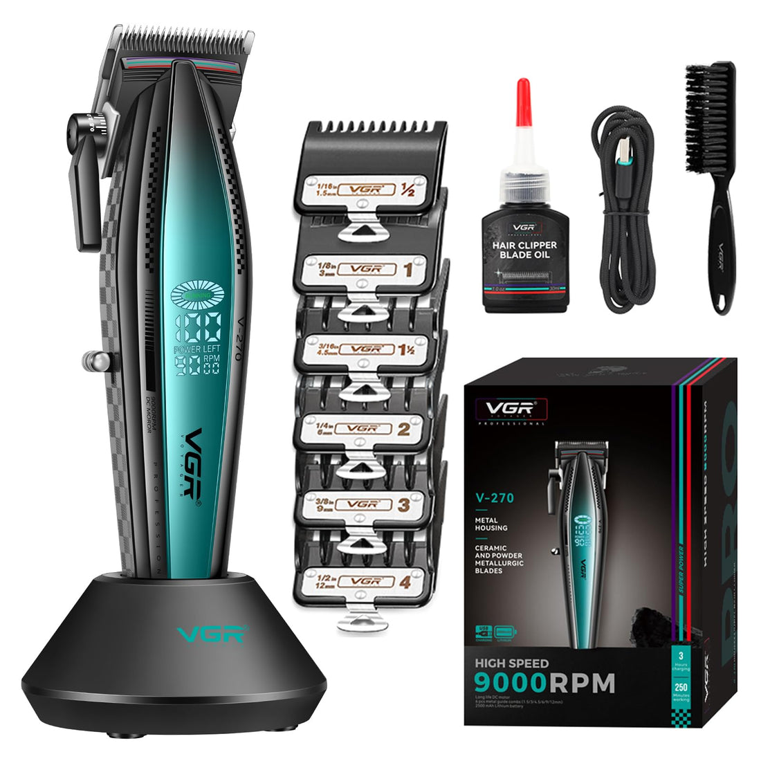VGR 270 Hair Clipper for Men Professional Low Noise Wireless High Speed 9000 RPM Fresh Fade Ceramic Blade Hair Cutting Set with 6 Guide Combs USB Charging Station LED Display